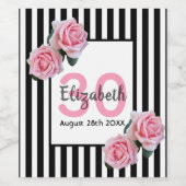 30th誕生日ピンクローズ白黒ストライプ ワインラベル (シングルラベル)