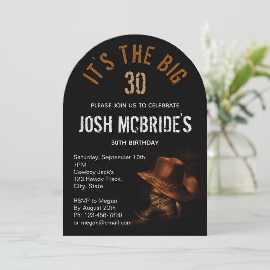 30th誕生日フォトカウボーイハットブーツ男らし 招待状 (スタンド正面)