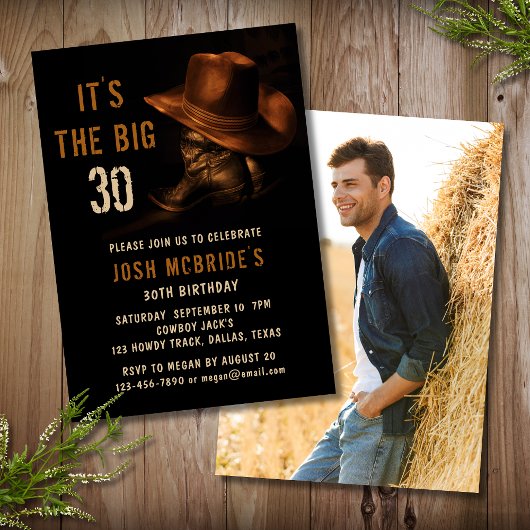 30th誕生日フォトカウボーイ素朴ハットブーツ 招待状