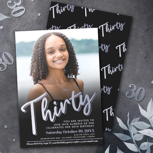 30th誕生日フォトスクリプトのスリバーカラー 招待状