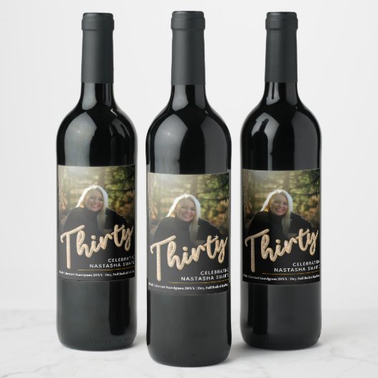 30th誕生日フォトスクリプトグリッター金ゴールド ワインラベル (ボトル)