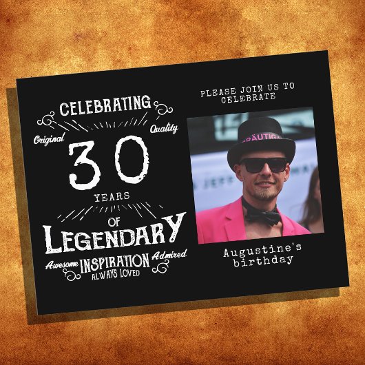 30th誕生日フォトブラックヴィンテージ誕生日招待状 ポストカード