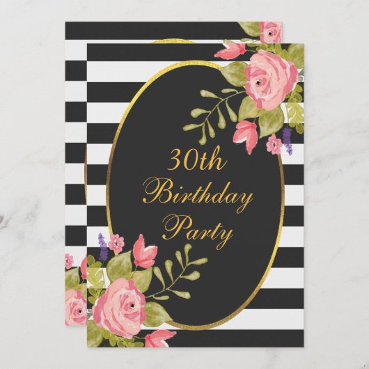 30th誕生日フローラ白黒ストライプゴールドフォイル 招待状 (正面/裏面)