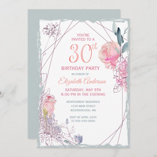 30th誕生日フローラ赤面バラ水彩パーティー 招待状 (正面/裏面)