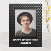 30th誕生日ブラックジオメトリックパターンカスタム写真 カード (黄色い花)