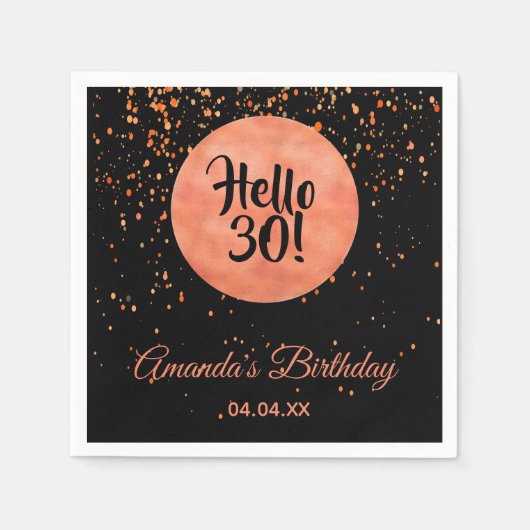 30th誕生日ブラックバラ金ゴールド紙吹雪hello 30 スタンダードカクテルナプキン (正面)