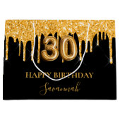 30th誕生日ブラック金ゴールドグリッタードライブ名 ラージペーパーバッグ (正面)