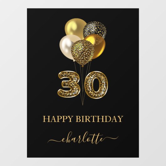 30th誕生日ブラック金ゴールドヒョウ名スクリプト ウィンドウサイン (シート)