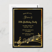 30th誕生日ブラック金ゴールドミュージックノートへの招待 ポストカード (正面/裏面)