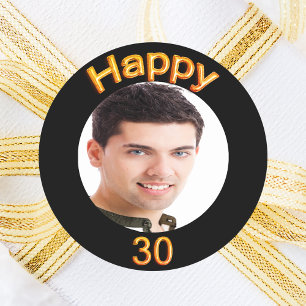 30th誕生日ブラック金ゴールド写真 ラウンドシール