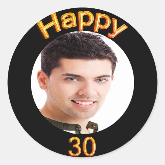 30th誕生日ブラック金ゴールド写真 ラウンドシール (正面)