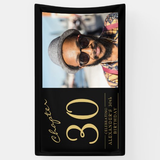 30th誕生日ブラック金ゴールド写真 横断幕 (縦)