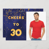 30th誕生日ブルー金ゴールド応援写真男 招待状 (正面/裏面)