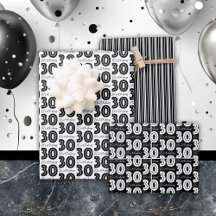 30th誕生日ホワイトブラックタイポグラフィストライプチェック