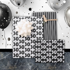 30th誕生日ホワイトブラックタイポグラフィストライプチェック ラッピングペーパーシート