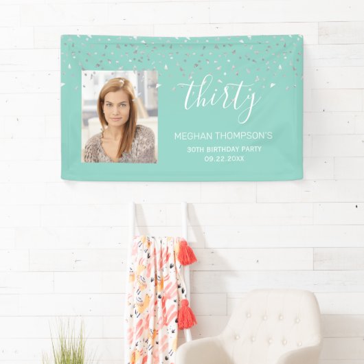 30th誕生日ミントグリーンシルバー紙吹雪写真 横断幕 (インサイチュ)