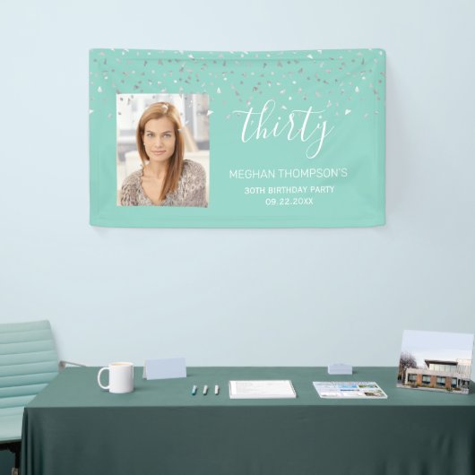 30th誕生日ミントグリーンシルバー紙吹雪写真 横断幕 (トレードショー)
