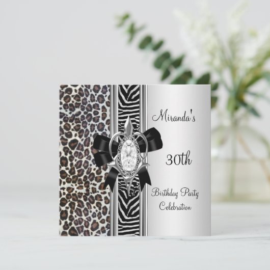 30th誕生日ワイルドアニマルプリントダイヤモンドボウ 招待状 (スタンド正面)