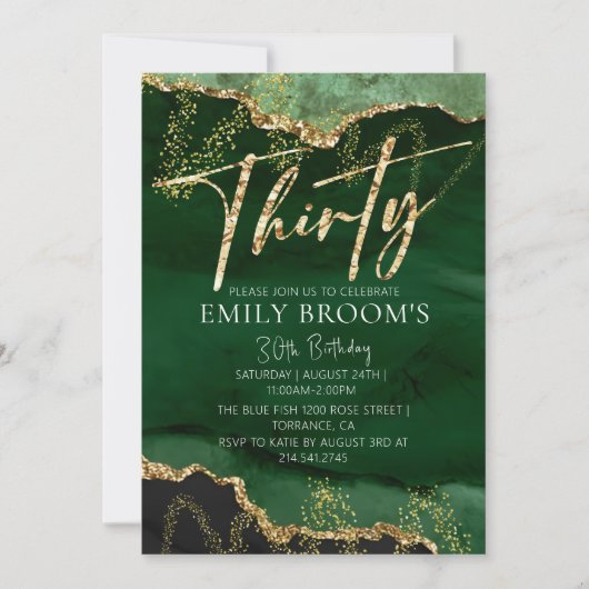 30th誕生日招待状エメラルドグリーンと金ゴールド 招待状 (正面)