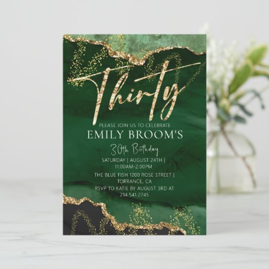 30th誕生日招待状エメラルドグリーンと金ゴールド 招待状 (スタンド正面)