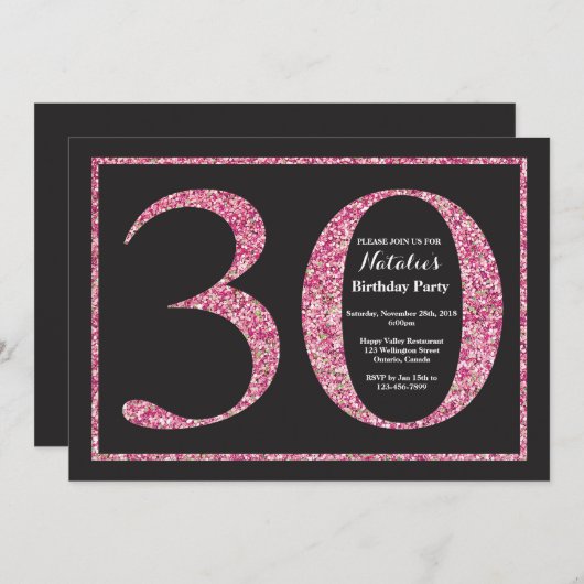 30th誕生日招待状ピンクグリッターシャルボード 招待状 (正面/裏面)