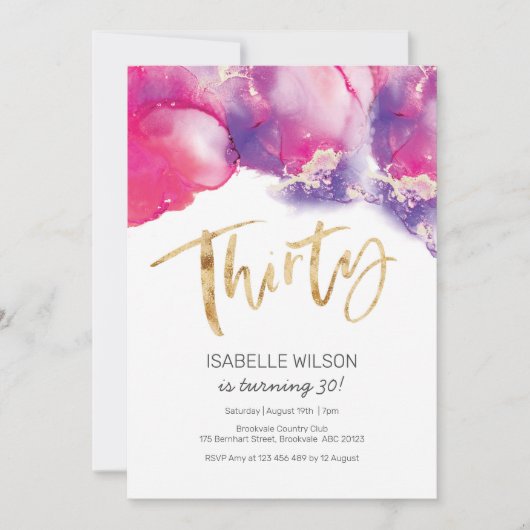 30th誕生日招待状ピンク抽象芸術水彩 招待状 (正面)
