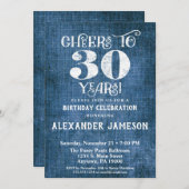 30th誕生日招待状ブルーリネン素朴応援 招待状 (正面/裏面)