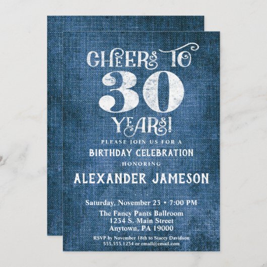 30th誕生日招待状ブルーリネン素朴応援 招待状 (正面/裏面)