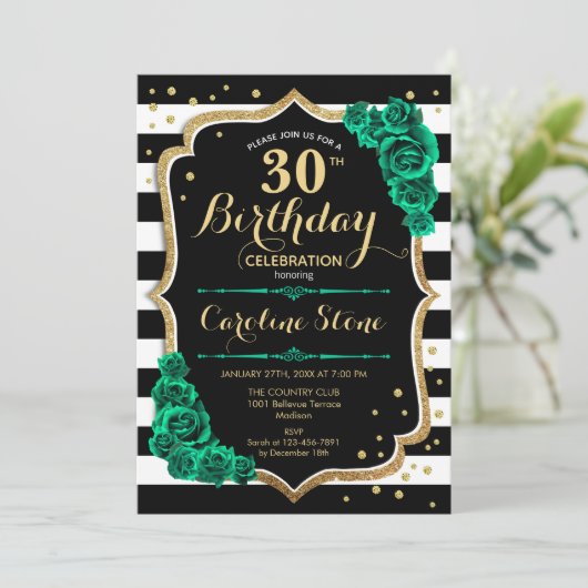 30th誕生日招待状白黒ストライプバラ 招待状 (スタンド正面)
