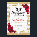 30th誕生日招待状金ゴールドホワイトストライプバラ 招待状<br><div class="desc">30歳の誕生日招待状エレガント金ゴールド白い赤いデザインとフェイクグリッター。金ゴールドと赤ストライプいバラの白いエレガントな誕生日パーティーに最適。</div>