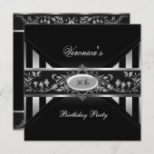 30th誕生日白黒ストライプシルバーフローラ 招待状 (正面/裏面)