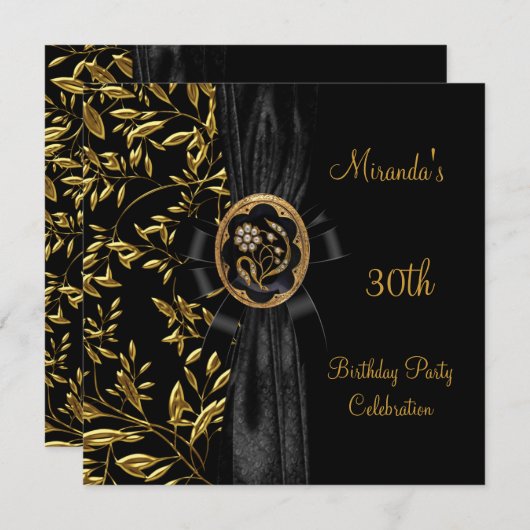 30th誕生日金ゴールドジュエルフローラブラックボウ 招待状 (正面/裏面)