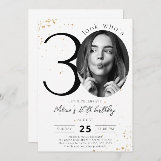 30th誕生日金ゴールド招待状と写真 招待状 (正面/裏面)