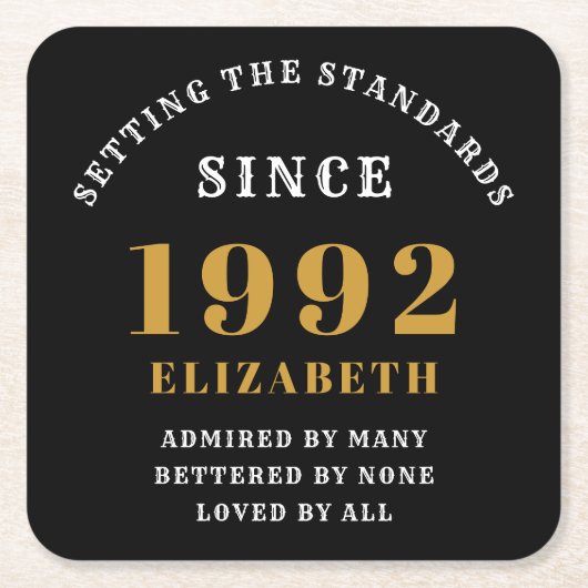 30th誕生日1992黒エレガント金ゴールドシック スクエアペーパーコースター (正面)