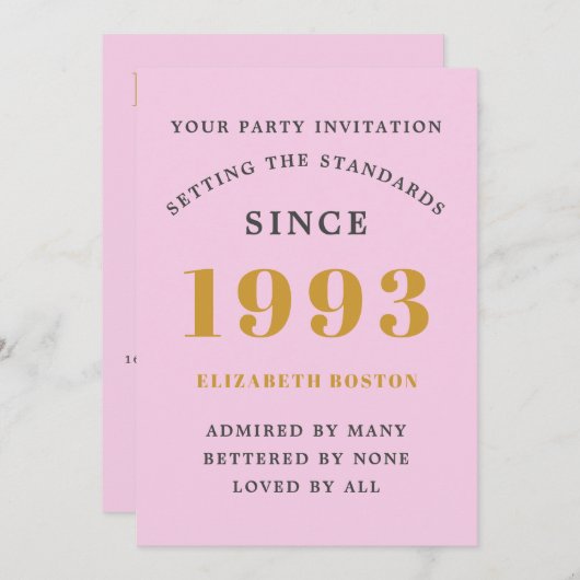 30th誕生日1993ピンクグレー年を追加 招待状 (正面/裏面)