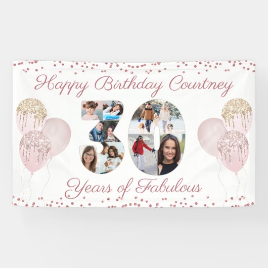 30th誕生日30切り出し8写真バラ金ゴールド 横断幕 (横)