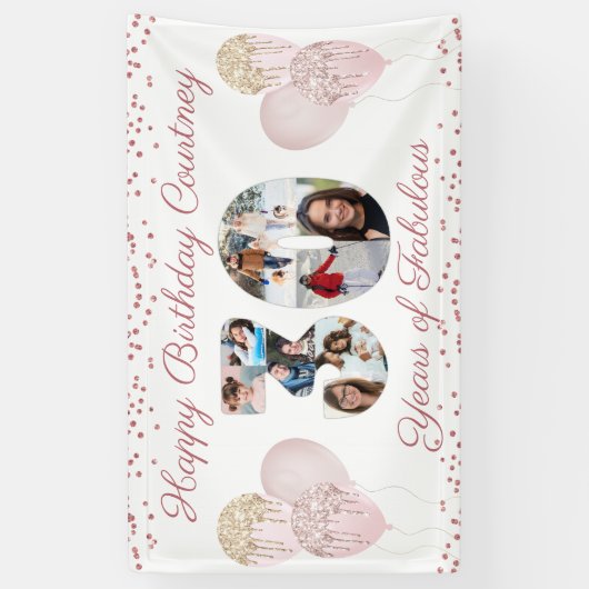 30th誕生日30切り出し8写真バラ金ゴールド 横断幕 (縦)