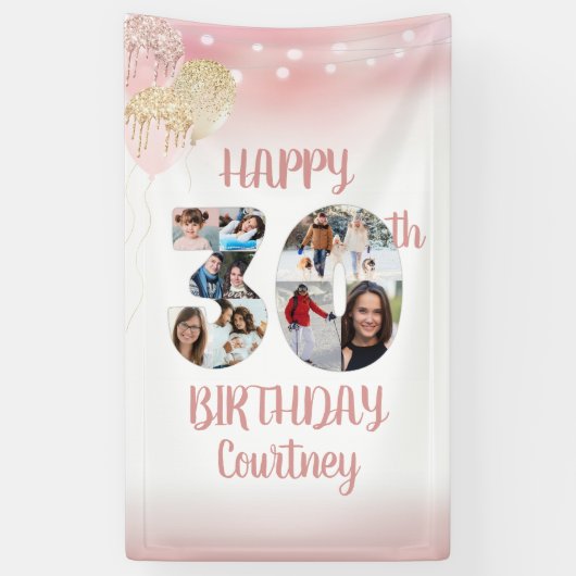 30th誕生日8フォトコラージュ番号バラ金ゴールド 横断幕 (縦)