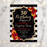 30th誕生日 – ひまわりバラブラック金ゴールド 招待状<br><div class="desc">30歳素朴の誕生日招待状。フローラデザインと黒と白ストライプの、ひまわり、赤いバラとフェイクグリッター金ゴールド。スクリプトスタイリッシュのフォントと紙吹雪の機能。エレガントな誕生日パーティーに最適。自分カスタマイズの詳細で</div>