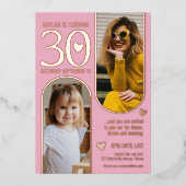 30th 2つのアーチ誕生日ピンクのローズ金ゴールドハート 箔招待状 (正面)