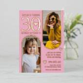 30th 2つのアーチ誕生日ピンクのローズ金ゴールドハート 箔招待状 (立ち正面)