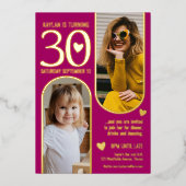30th 2つのアーチ誕生日深いピンク金ゴールドハート 箔招待状 (正面)