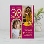 30th 2つのアーチ誕生日深いピンク金ゴールドハート 箔招待状 (立ち正面)