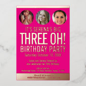 30th Birthdayグラフィックピンクの金ゴールドフォイルのフォトサークル 箔招待状 (正面)