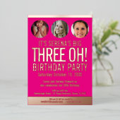 30th Birthdayグラフィックピンクの金ゴールドフォイルのフォトサークル 箔招待状 (立ち正面)