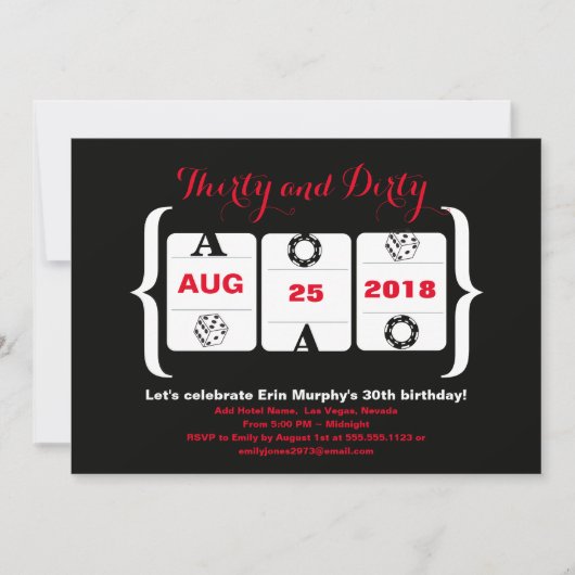 30th Birthdayスロットマシンサイコロとトランプのポーカーチップ 招待状 (正面)