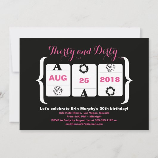 30th Birthdayスロットマシンサイコロとトランプのポーカーチップ 招待状 (正面)