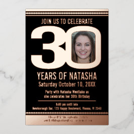 30th Birthdayパーティーブラックとバラ金ゴールドフォイル写真 箔招待状