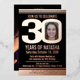 30th Birthdayパーティーブラックとバラ金ゴールドフォイル写真 箔招待状