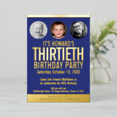 30th Birthdayパーティーブルー金ゴールドフォイル写真サークル 箔招待状 (立ち正面)